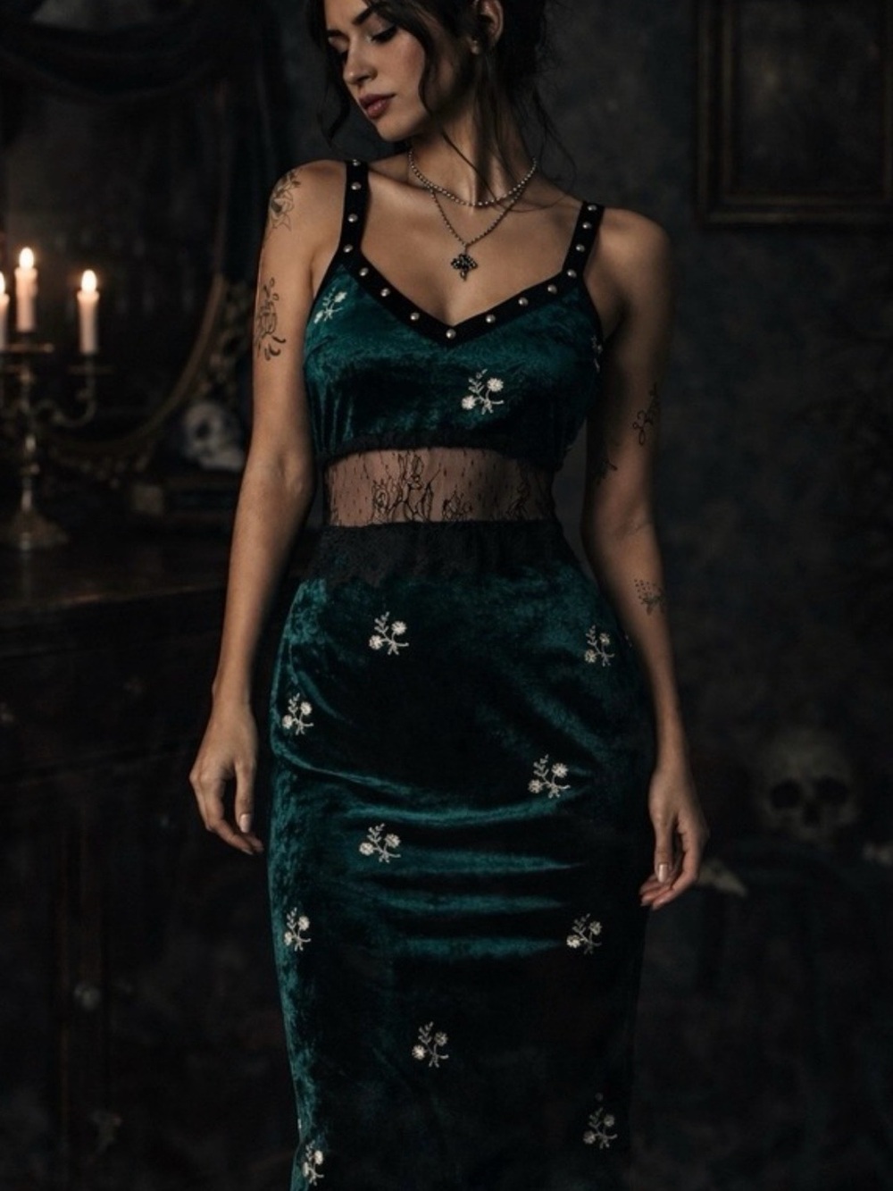Zara Embroidered Velvet dress in Deep Teal size medium